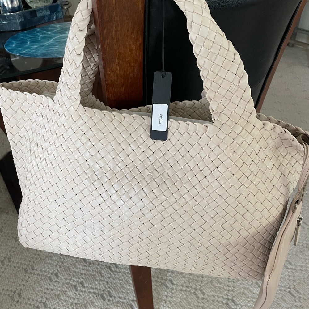 FALOR Tote Shoulder bag, Soft Italian Leather Hand Woven-w/pouch OFF WHITE